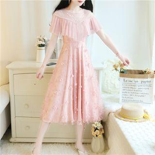 Sheer Panel Short-sleeve Midi A-line Chiffon Dress