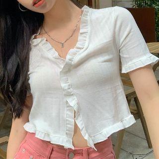 Short-sleeve Ruffle Knit Top White - One Size
