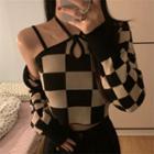 Halter-neck Cropped Camisole Top / Plaid Long-sleeve Cardigan