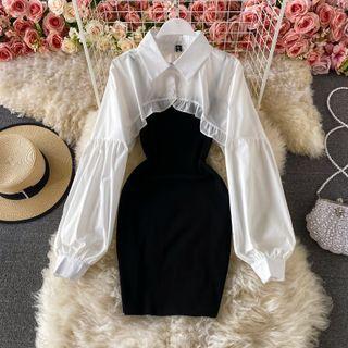 Set: Puff Sleeve Chiffon Crop Shirt + Spaghetti Strap Sheath Dress Black - One Size