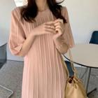 Elbow-sleeve Pleated Midi Knit Dress Pink - One Size