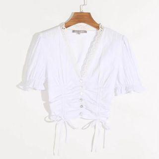 Lace Trim Drawstring Cropped Blouse