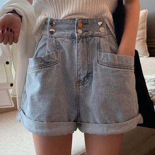 High-waist Wide-leg Washed Denim Shorts