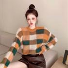 Round-neck Plaid Oversize Sweater / High-waist Faux Leather Wide Leg Shorts