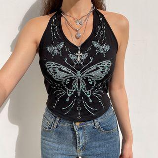 Halter-neck Butterfly Print Tank Top