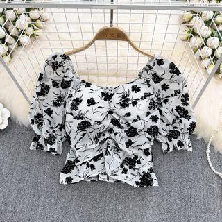 Puff Sleeve Floral Ruched Crop Blouse