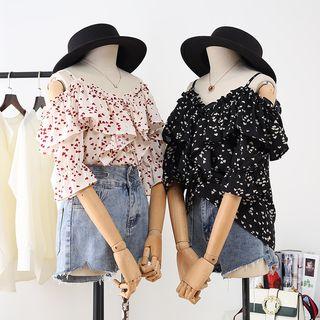 Heart Print Cold-shoulder Ruffle Blouse