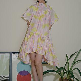 Asymmetric Short-sleeve Shirred A-line Dress