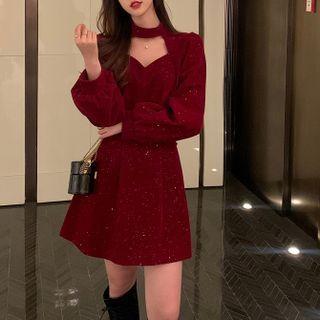 Long-sleeve Mock-neck Cutout Velvet Mini A-line Dress