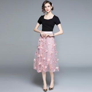 Set: Short-sleeve T-shirt + Floral Embroidered Mesh Midi A-line Skirt