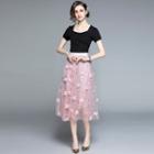 Set: Short-sleeve T-shirt + Floral Embroidered Mesh Midi A-line Skirt