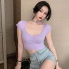 Ruched Scoop-neck Cap-sleeve Cropped T-shirt