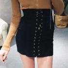 Mini Lace-up Fitted Knit Skirt Black - One Size