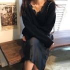 Lace Trim Pullover / A-line Midi Skirt