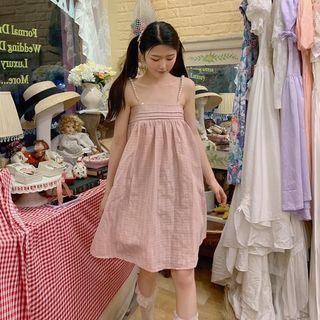 Spaghetti Strap Faux Pearl Mini A-line Dress Pink - One Size