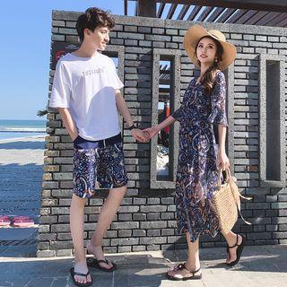 Couple Matching Elbow-sleeve Print Midi Dress / Shorts