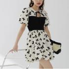 Puff-sleeve Tie-front Bow Print Mini A-line Dress