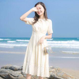 Short-sleeve Keyhole-front Midi A-line Dress