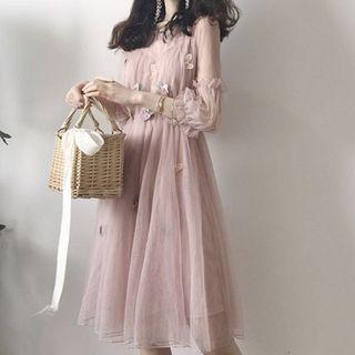 Set: Elbow-sleeve Sheer Panel Midi Dress + Slipdress