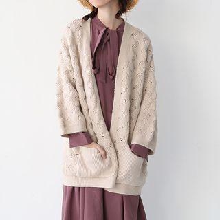 Pointelle Knit Pocket Long Cardigan As Shown In Figure - One Size
