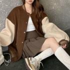 Color Panel Long-sleeve Baseball Jacket / High-waist Accordion Pleat Mini Skirt