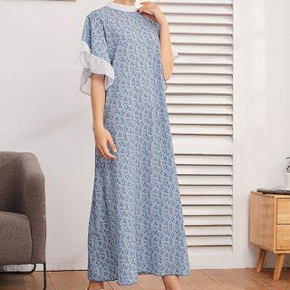 Ruffle-trim Floral Print Short-sleeve Maxi A-line Dress