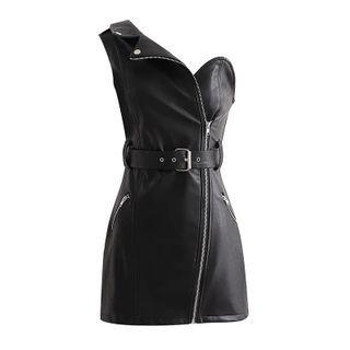 One Shoulder Faux Leather Zipper Dress With Waist Belt