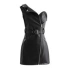 One Shoulder Faux Leather Zipper Dress With Waist Belt