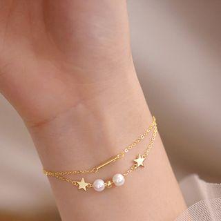 Star Faux Pearl Layered Sterling Silver Bracelet Gold & White - One Size