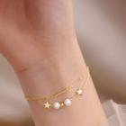 Star Faux Pearl Layered Sterling Silver Bracelet Gold & White - One Size