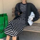 Striped Long-sleeve Midi Dress / Plain Cardigan