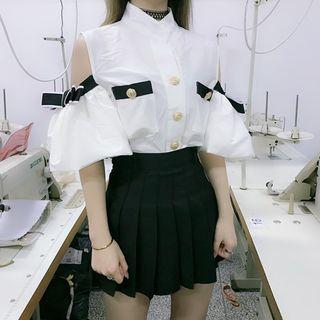 Cold Shoulder Elbow-sleeve Chiffon Blouse White - One Size