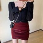 Crop Knit Top / Faux Leather Mini A-line Skirt