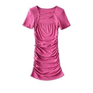 Short-sleeve Strappy Ruched Mini Sheath Dress