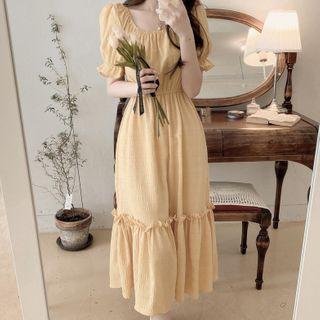 Frilled Trim Off-shoulder Puff Sleeve A-line Dress