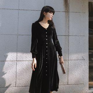V-neck Pearl Button Gold Velvet Dress