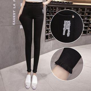 Lettering Fray Hem Skinny Pants