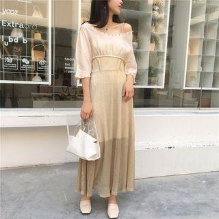 Set: Elbow-sleeve Cropped Top + Spaghetti Strap Midi Dress