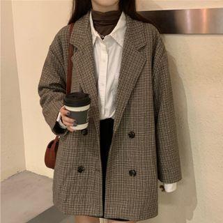 Long-sleeve Double-breasted Plaid Blazer