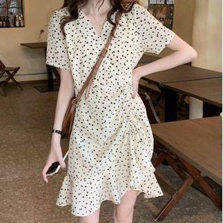 Short Sleeve V-neck Drawstring Dotted A-line Dress Almond - One Size
