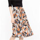 Banded-waist Leaf-pattern Skirt