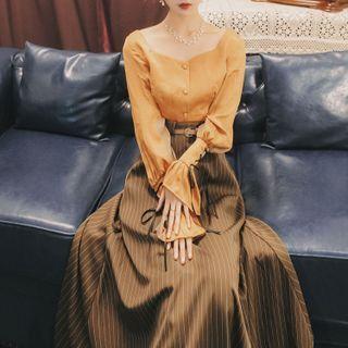 Long-sleeve Button-up Blouse / Belted Striped Midi A-line Skirt / Set
