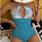 Spaghetti-strap Halter Neck Print Swimsuit