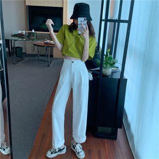 Set: Short-sleeve Collared Cropped T-shirt + Straight Leg Pants