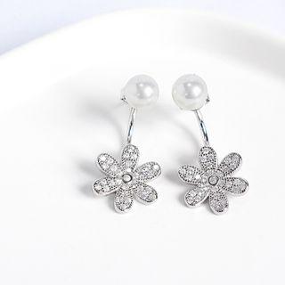 925 Sterling Silver Faux Pearl Rhinestone Flower Swing Earring 1 Pair - Silver - One Size