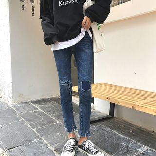 Patch Irregular Slim-fit Jeans