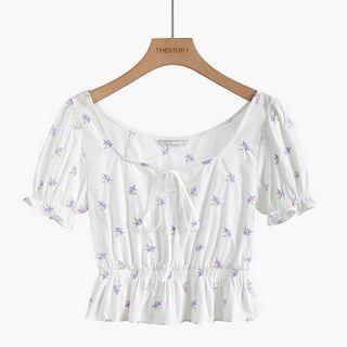 Floral Print Short-sleeve Cropped Blouse White - One Size