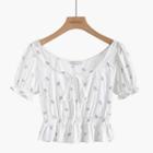 Floral Print Short-sleeve Cropped Blouse White - One Size