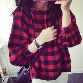 Off-shoulder Long-sleeve Plaid Top Red - One Size
