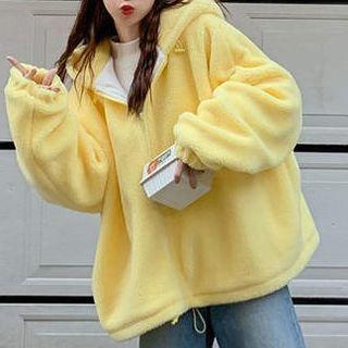 Plain Loose Fit Hooded Furry Jacket